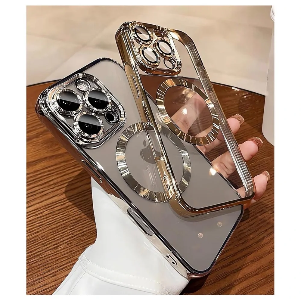 Luxury MagSafe Case for iPhone 15 Pro Max Gold Electroplated Cover Lens - Picture 2 of 5